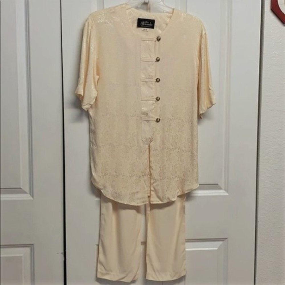 Vintage Tori Alaxander Pastel Yellow Shiny Paisley Print Tunic Pants Set Size 6P